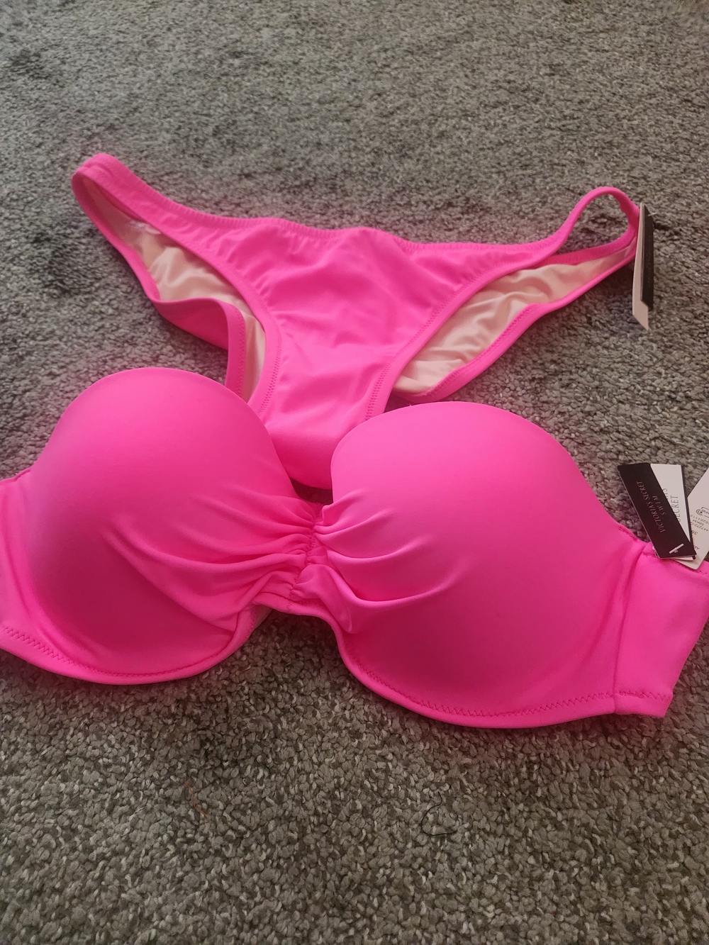 Brand NWT Victoria's Secret Neon Pink Strapless Push-Up Bikini XL Bottom 38C Top